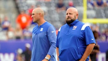 New York Giants head coach Brian Daboll and offensive coordinator Mike Kafka, left, on the field for warmups before a preseason game at MetLife Stadium on August 21, 2022, in East Rutherford.

Nfl Ny Giants Preseason Game Vs Bengals Bengals At Giants
