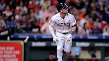 Apr 30, 2024: Houston Astros third baseman Alex Bregman (2) reacts after hitting a three-run home run to left field against the Cleveland Guardians during the third inning at Minute Maid Park. 