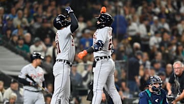 Detroit Tigers center fielder Riley Greene (31) and shortstop Javier Baez (28) celebrate after Baez hit a 2-run home run against the Seattle Mariners during the third inning at T-Mobile Park. 