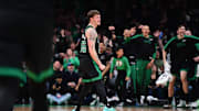 Mar 18, 2025; Boston, Massachusetts, USA; Boston Celtics forward Baylor Scheierman (55) reacts after making a three point shot during the second half against the Brooklyn Nets at TD Garden. Mandatory Credit: Bob DeChiara-Imagn Images