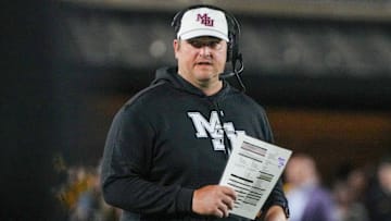 Mississippi State Bulldogs head coach Jeff Lebby on field against the Missouri Tigers during the first half of the game at Faurot Field at Memorial Stadium. 