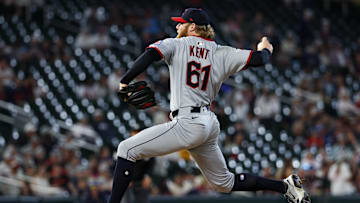 Sep 20, 2025; Minneapolis, Minnesota, USA; Cleveland Guardians pitcher Zak Kent (61) delivers a pitcher against the Minnesota Twins during the ninth inning of game two of a double header at Target Field. Mandatory Credit: Matt Krohn-Imagn Images