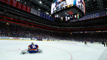 Apr 2, 2024; Elmont, New York, USA; New York Islanders goaltender Ilya Sorokin (30) stretches on the