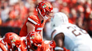 Louisville Cardinals quarterback Miller Moss (7) looks over his line near the goal line in the first half against Bowling Green at L&N Federal Credit Union Stadium in Louisville, Kentucky Sept. 20, 2025.