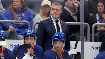 Nov 7, 2025; Elmont, New York, USA; New York Islanders head coach Patrick Roy coaches against the Minnesota Wild during the first period at UBS Arena. Mandatory Credit: Brad Penner-Imagn Images