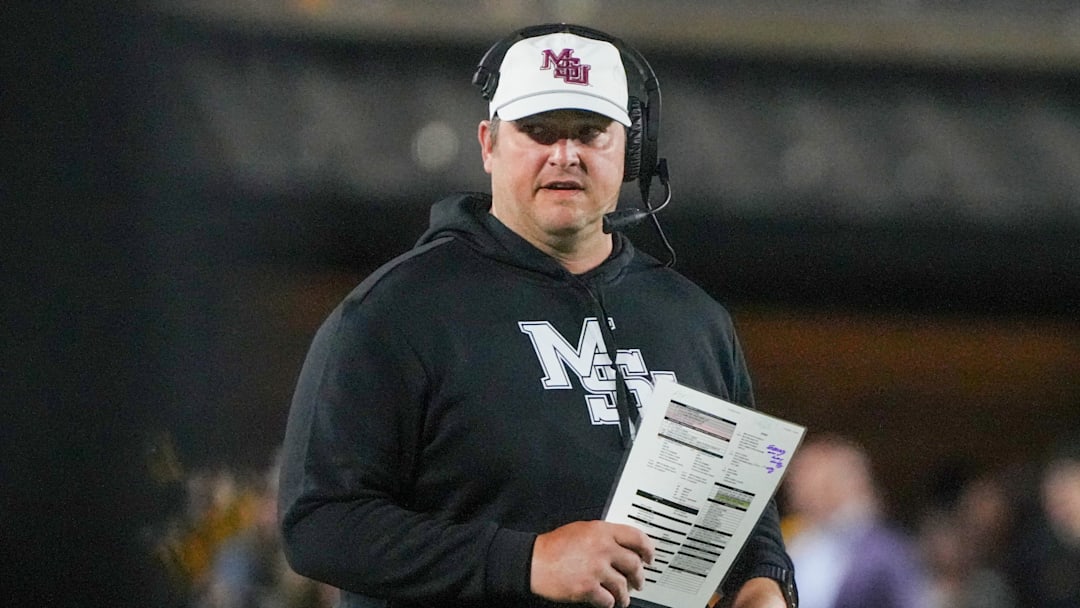 Nov 15, 2025; Columbia, Missouri, USA; Mississippi State Bulldogs head coach Jeff Lebby on field against the Missouri Tigers during the first half of the game at Faurot Field at Memorial Stadium. Mandatory Credit: Denny Medley-Imagn Images