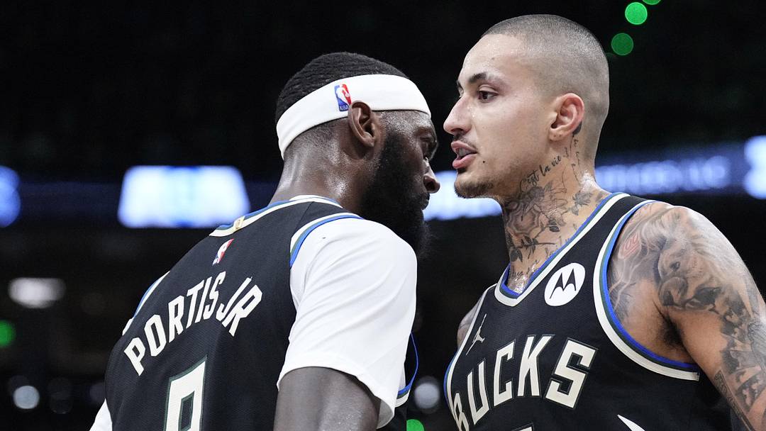 Jan 2, 2026; Milwaukee, Wisconsin, USA; Milwaukee Bucks forward Bobby Portis (9) celebrates a made 3 point shot with Milwaukee Bucks forward Kyle Kuzma (18) against the Charlotte Hornets at Fiserv Forum. Mandatory Credit: Michael McLoone-Imagn Images