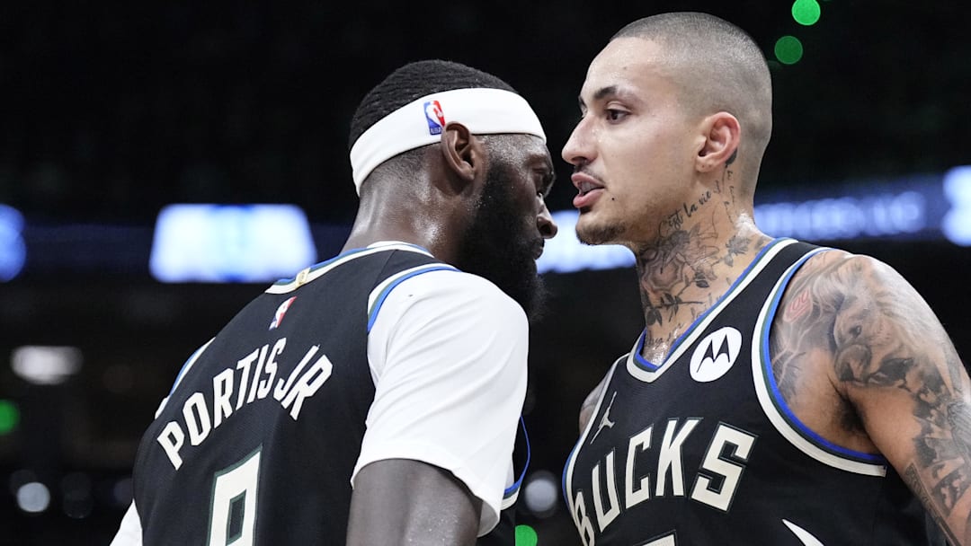 Jan 2, 2026; Milwaukee, Wisconsin, USA; Milwaukee Bucks forward Bobby Portis (9) celebrates a made 3 point shot with Milwaukee Bucks forward Kyle Kuzma (18) against the Charlotte Hornets at Fiserv Forum. Mandatory Credit: Michael McLoone-Imagn Images