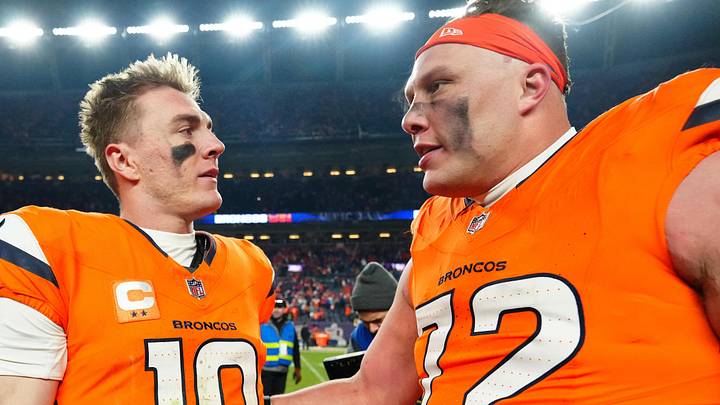 Denver Broncos quarterback Bo Nix (10) and offensive tackle Garett Bolles (72) 