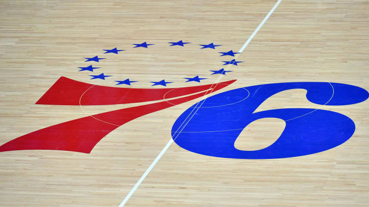 Mar 14, 2021; Philadelphia, Pennsylvania, USA; Philadelphia 76ers logo on the hardwood court against the San Antonio Spurs at Wells Fargo Center. Mandatory Credit: Eric Hartline-USA TODAY Sports