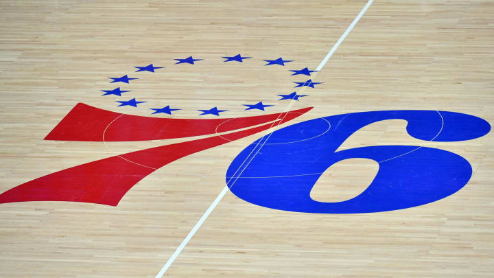 Mar 14, 2021; Philadelphia, Pennsylvania, USA; Philadelphia 76ers logo on the hardwood court against the San Antonio Spurs at Wells Fargo Center. Mandatory Credit: Eric Hartline-USA TODAY Sports