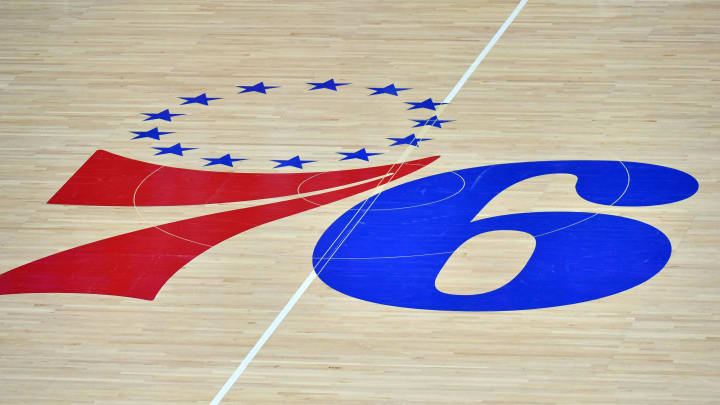 Mar 14, 2021; Philadelphia, Pennsylvania, USA; Philadelphia 76ers logo on the hardwood court against the San Antonio Spurs at Wells Fargo Center. Mandatory Credit: Eric Hartline-USA TODAY Sports