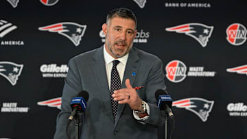 Jan 13, 2025; Foxborough, MA, USA; Mike Vrabel addresses media at a press conference at Gillette Stadium to announce his hiring as the New England Patriots head coach. Mandatory Credit: Eric Canha-Imagn Images