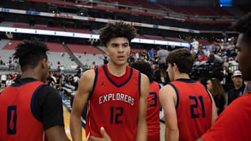 Jun 25, 2023; Glendale, AZ, USA; Duke basketball recruiting target Cameron Boozer (12) during the Section 7 high school boys tournament at State Farm Stadium. Mandatory Credit: Mark J. Rebilas-Imagn Images