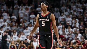Feb 11, 2025; College Station, Texas, USA; Georgia Bulldogs guard Silas Demary Jr. (5) dribbles the ball during the second half against the Texas A&M Aggies at Reed Arena. Mandatory Credit: Maria Lysaker-Imagn Images 