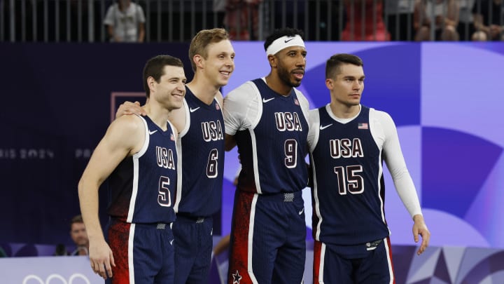 Jul 30, 2024; Paris, France; United States men’s basketball 3x3 team poses before the pool game against Serbia during the Paris 2024 Olympic Summer Games at La Concorde 1. Mandatory Credit: Yukihito Taguchi-USA TODAY Sports