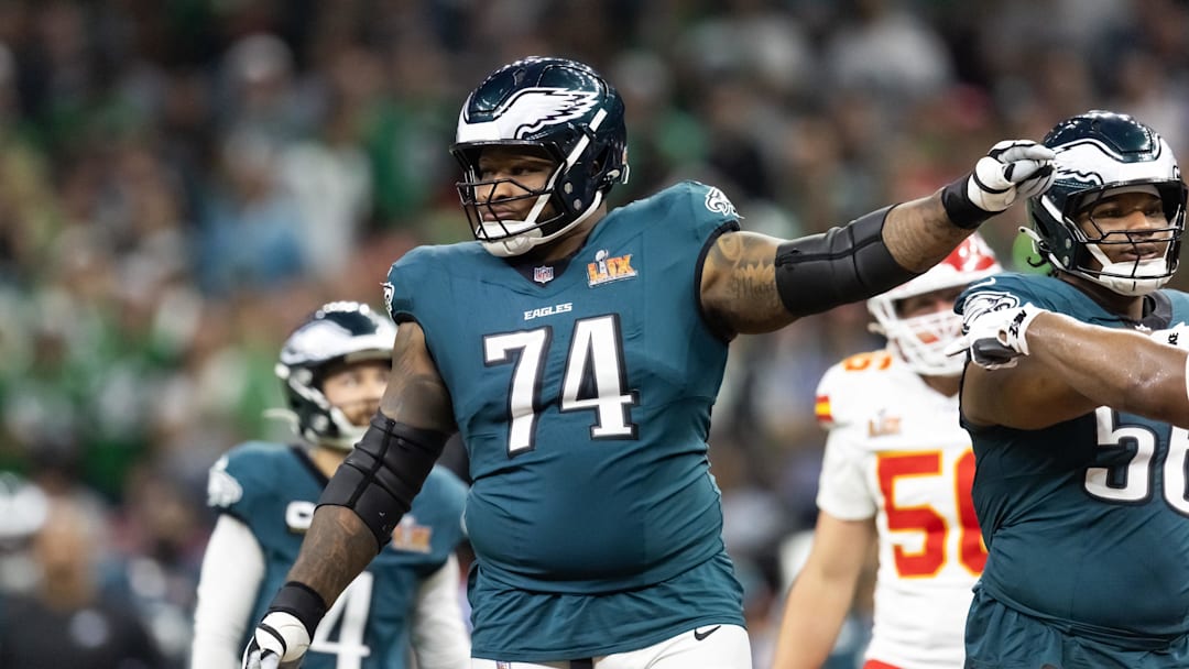 Feb 9, 2025; New Orleans, LA, USA; Philadelphia Eagles  offensive tackle Fred Johnson (74) against the Kansas City Chiefs during Super Bowl LIX at Ceasars Superdome. Mandatory Credit: Mark J. Rebilas-Imagn Images