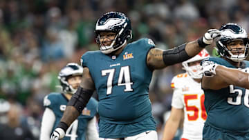 Feb 9, 2025; New Orleans, LA, USA; Philadelphia Eagles  offensive tackle Fred Johnson (74) against the Kansas City Chiefs during Super Bowl LIX at Ceasars Superdome. Mandatory Credit: Mark J. Rebilas-Imagn Images