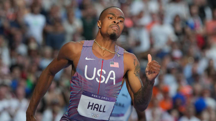 Aug 6, 2024; Saint-Denis, FRANCE; Quincy Hall (USA) in the men's 400m semifinals during the Paris 2024 Olympic Summer Games at Stade de France. Mandatory Credit: Kirby Lee-USA TODAY Sports