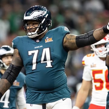 Feb 9, 2025; New Orleans, LA, USA; Philadelphia Eagles  offensive tackle Fred Johnson (74) against the Kansas City Chiefs during Super Bowl LIX at Ceasars Superdome. Mandatory Credit: Mark J. Rebilas-Imagn Images