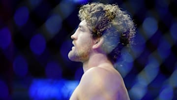Jul 6, 2019; Las Vegas, NV, USA; Ben Askren (blue gloves) before his fight against Jorge Masvidal (not pictured) at T-Mobile Arena. Jorge Masvidal set a new record for the fastest knockout in UFC history with five seconds. Mandatory Credit: Stephen R. Sylvanie-Imagn Images