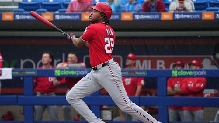 Feb 28, 2026; Port St. Lucie, Florida, USA;  Washington Nationals left fielder James Wood (29) flies out to deep center field in the first inning against the New York Mets at Clover Park. Mandatory Credit: Jim Rassol-Imagn Images