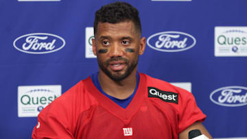 Jul 23, 2025; East Rutherford, NJ, USA; New York Giants quarterback Russell Wilson (3) talks with media during training camp at Quest Diagnostics Training Center. Mandatory Credit: Vincent Carchietta-Imagn Images