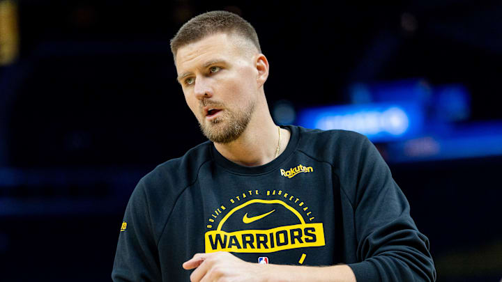 Mar 10, 2026; San Francisco, California, USA; Golden State Warriors center Kristaps Porzingis (7) warms up before the game at Chase Center. Mandatory Credit: Bob Kupbens-Imagn Images
