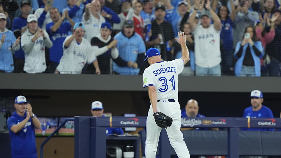 Nov 1, 2025; Toronto, Ontario, CAN; Toronto Blue Jays pitcher Max Scherzer (31) is relieved in the fifth inning against the Los Angeles Dodgers during game seven of the 2025 MLB World Series at Rogers Centre. Mandatory Credit: John E. Sokolowski-Imagn Images