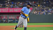 Tampa Bay Rays left fielder Randy Arozarena (56) rounds third base to score a run in the eighth inning against the Kansas City Royals at Kauffman Stadium on July 3.