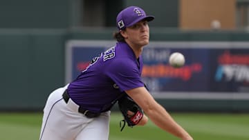 Mar 13, 2025; Salt River Pima-Maricopa, Arizona, USA; Colorado Rockies pitcher Chase Dollander throws against the Cleveland Guardians in the first inning at Salt River Fields at Talking Stick. Mandatory Credit: Rick Scuteri-Imagn Images