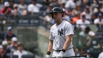 Jul 26, 2025; Bronx, New York, USA; New York Yankees first baseman Ben Rice (22) reacts after striking out against the Philadelphia Phillies during the fourth inning at Yankee Stadium. Mandatory Credit: John Jones-Imagn Images
