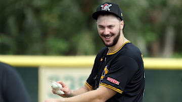 Feb 12, 2025; Bradenton, FL, USA;  Pittsburgh Pirates pitcher Paul Skenes (30) during spring training workouts at Pirate City. Mandatory Credit: Kim Klement Neitzel-Imagn Images