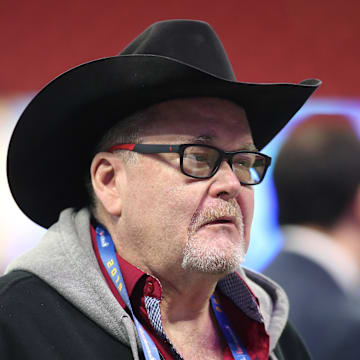 Professional wrestling commentator Jim Ross looks on before the 2019 Peach Bowl.