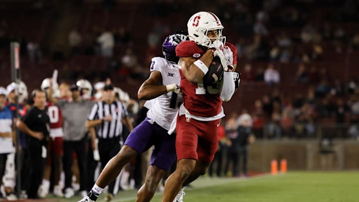 Aug 30, 2024; Stanford, California, USA; Stanford Cardinal wide receiver Elic Ayomanor (13) dives for the ball during the second half against the TCU Horned Frogs at Stanford Stadium. Mandatory Credit: Sergio Estrada-Imagn Images