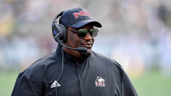 Sep 7, 2024; South Bend, Indiana, USA; Northern Illinois Huskies head coach Thomas Hammock watches in the first quarter against the Notre Dame Fighting Irish at Notre Dame Stadium. Mandatory Credit: Matt Cashore-Imagn Images