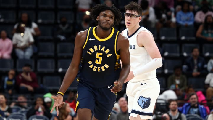 Oct 8, 2023; Memphis, Tennessee, USA; Indiana Pacers forward Jarace Walker (5) reacts after a three point basket during the second half against the Memphis Grizzlies at FedExForum. Mandatory Credit: Petre Thomas-USA TODAY Sports