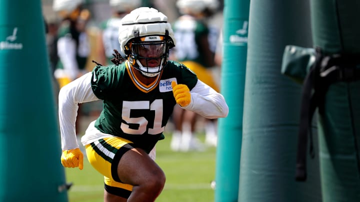Green Bay Packers linebacker Keshawn Banks (51) practices during the team's second day of training camp on July 27, 2023, at Ray Nitschke Field in Ashwaubenon, Wis.