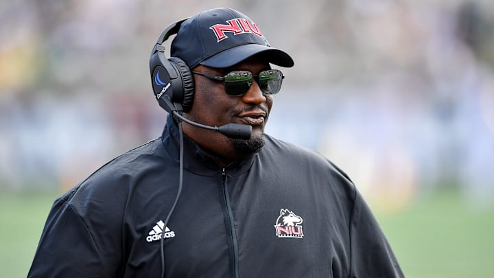 Sep 7, 2024; South Bend, Indiana, USA; Northern Illinois Huskies head coach Thomas Hammock watches in the first quarter against the Notre Dame Fighting Irish at Notre Dame Stadium. Mandatory Credit: Matt Cashore-Imagn Images