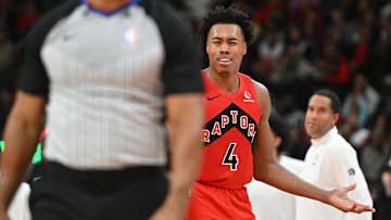 Oct 28, 2023; Toronto, Ontario, CAN;  Toronto Raptors forward Scottie Barnes (4) reacts after a call by officials in the second half against the Philadelphia 76ers at Scotiabank Arena. Mandatory Credit: Dan Hamilton-Imagn Images