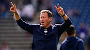 Sep 16, 2023; East Hartford, Connecticut, USA; UConn Huskies head coach Jim Mora on the field before the start of the game against the FIU Golden Panthers at Rentschler Field at Pratt & Whitney Stadium. Mandatory Credit: David Butler II-Imagn Images
