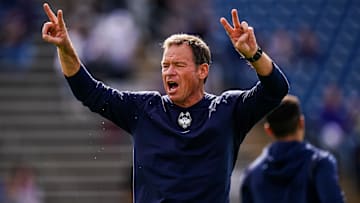 Sep 16, 2023; East Hartford, Connecticut, USA; UConn Huskies head coach Jim Mora on the field before the start of the game against the FIU Golden Panthers at Rentschler Field at Pratt & Whitney Stadium. Mandatory Credit: David Butler II-Imagn Images