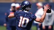 Jun 10, 2025; Denver, CO, USA; Denver Broncos quarterback Bo Nix (10) during minicamp at Broncos Park Powered by CommonSpirit. 