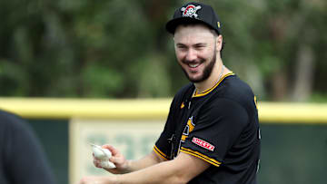 Feb 12, 2025; Bradenton, FL, USA;  Pittsburgh Pirates pitcher Paul Skenes (30) during spring training workouts at Pirate City. Mandatory Credit: Kim Klement Neitzel-Imagn Images