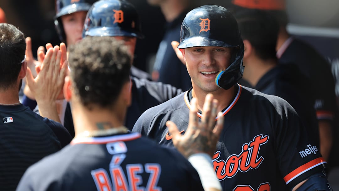Mar 15, 2026; Tampa, Florida, USA;  Detroit Tigers first baseman Spencer Torkelson (20) is congratulated after he  hit a 3-run home run during the first inning against the New York Yankees at George M. Steinbrenner Field. Mandatory Credit: Kim Klement Neitzel-Imagn Images