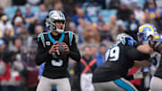 Nov 30, 2025; Charlotte, North Carolina, USA; Carolina Panthers quarterback Bryce Young (9) looks to pass during the first quarter against the Los Angeles Rams at Bank of America Stadium. Mandatory Credit: Scott Kinser-Imagn Images