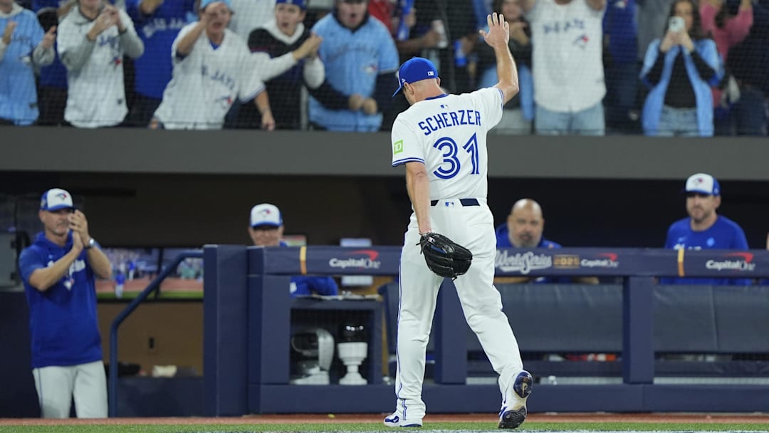 Nov 1, 2025; Toronto, Ontario, CAN; Toronto Blue Jays pitcher Max Scherzer (31) is relieved in the fifth inning against the Los Angeles Dodgers during game seven of the 2025 MLB World Series at Rogers Centre. Mandatory Credit: John E. Sokolowski-Imagn Images