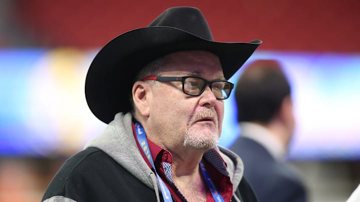 Professional wrestling commentator Jim Ross looks on before the 2019 Peach Bowl college football playoff semifinal game between the LSU Tigers and the Oklahoma Sooners. Professional wrestling commentator Jim Ross looks on before the 2019 Peach Bowl college football playoff semifinal game between the LSU Tigers and the Oklahoma Sooners.