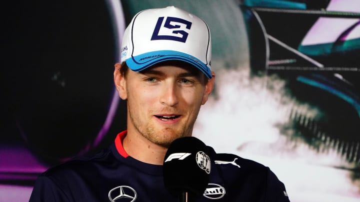 May 2, 2024; Miami Gardens, Florida, USA;  Williams driver Logan Sargeant (2) addresses the media in advance of the Miami Grand Prix at the Miami International Autodrome. Mandatory Credit: John David Mercer-USA TODAY Sports