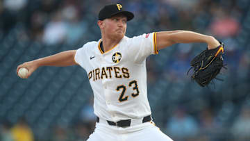 Aug 19, 2025; Pittsburgh, Pennsylvania, USA;  Pittsburgh Pirates starting pitcher Mitch Keller (23) delivers a pitch against the Toronto Blue Jays during the first inning at PNC Park. Mandatory Credit: Charles LeClaire-Imagn Images